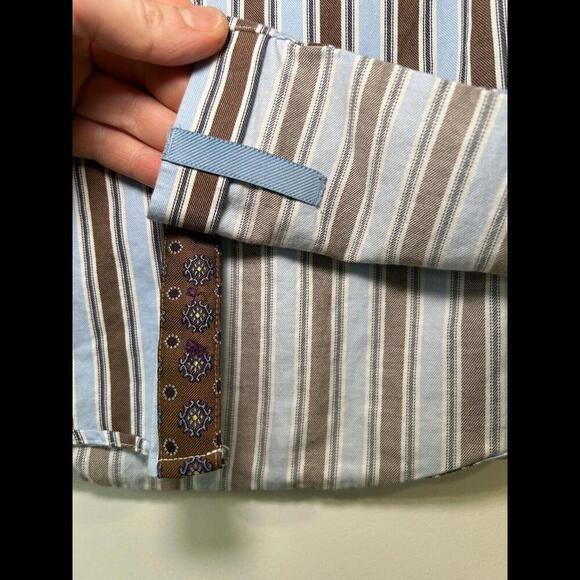 English Laundry Boys Size 10 Striped Dress Shirt Blue/Brown Contrast Cuffs $49 - Picture 5 of 12